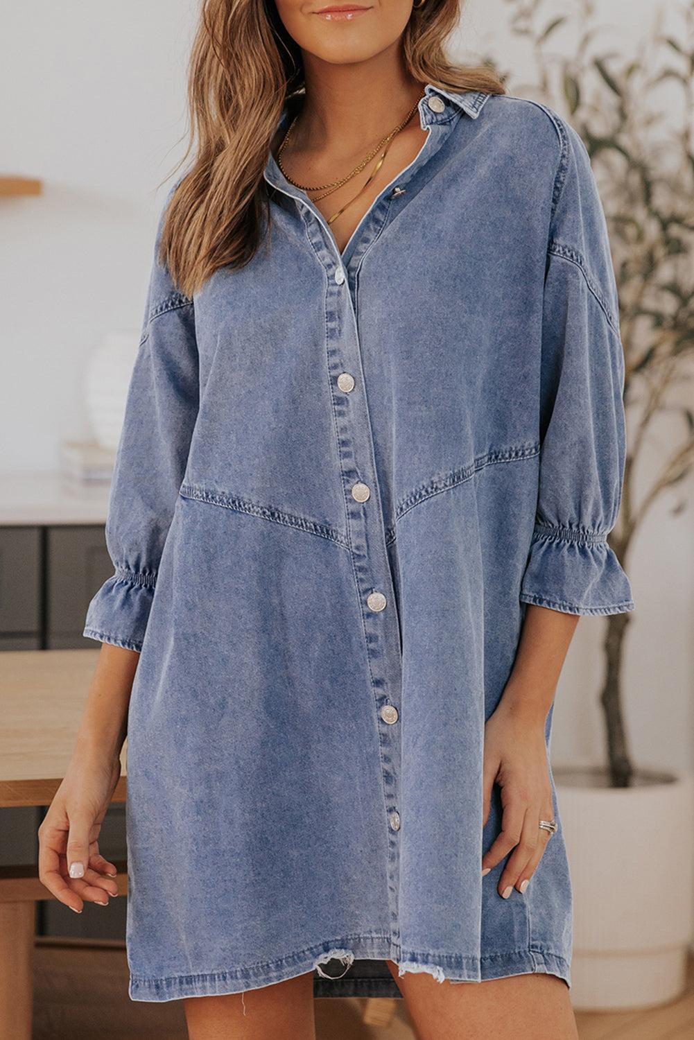 Collared Neck Flounce Sleeve Denim Mini Dress BLUE ZONE PLANET