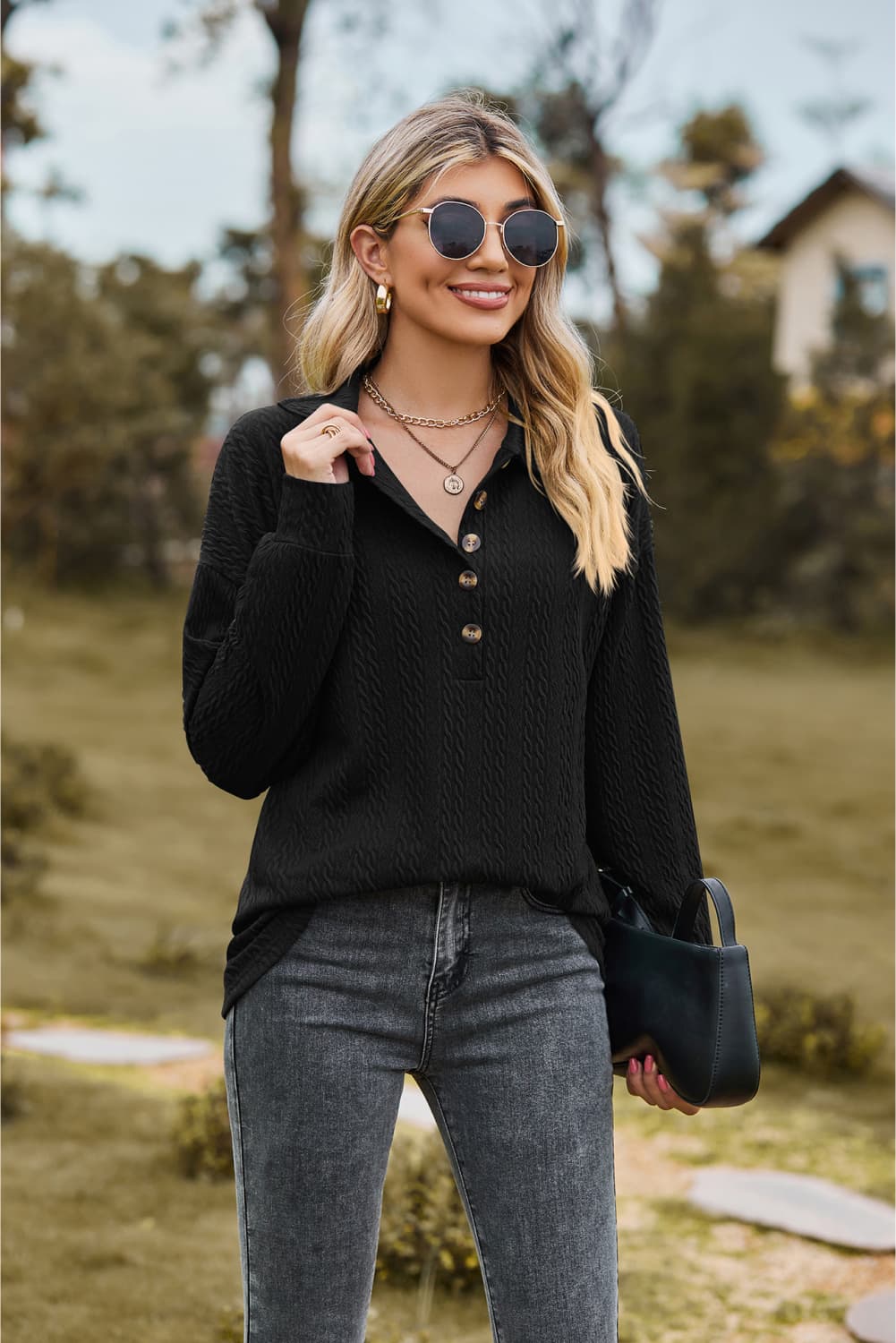 Collared Neck Long Sleeve Blouse BLUE ZONE PLANET