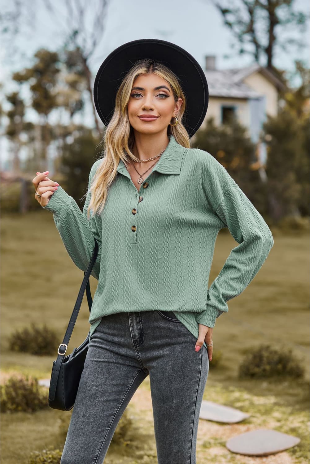 Collared Neck Long Sleeve Blouse BLUE ZONE PLANET