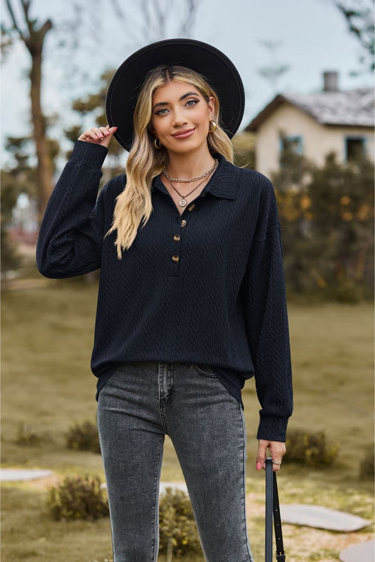 Collared Neck Long Sleeve Blouse BLUE ZONE PLANET