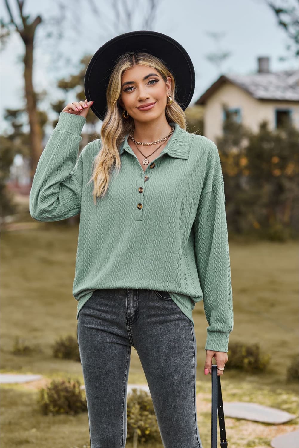 Collared Neck Long Sleeve Blouse BLUE ZONE PLANET