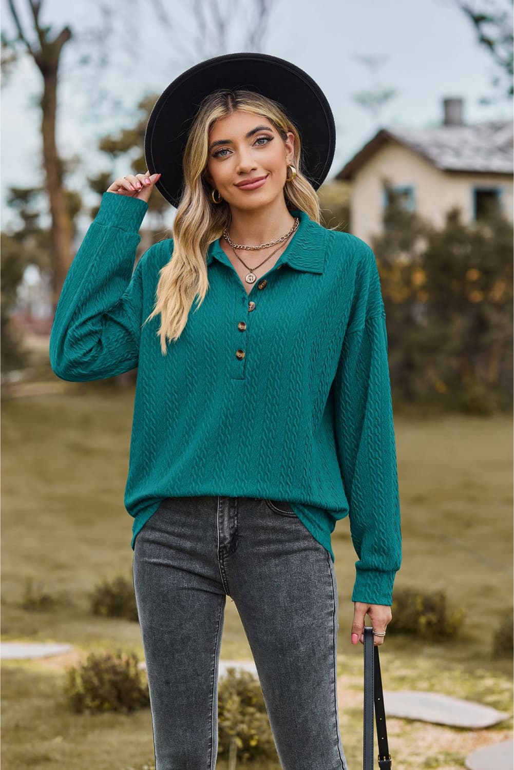 Collared Neck Long Sleeve Blouse BLUE ZONE PLANET