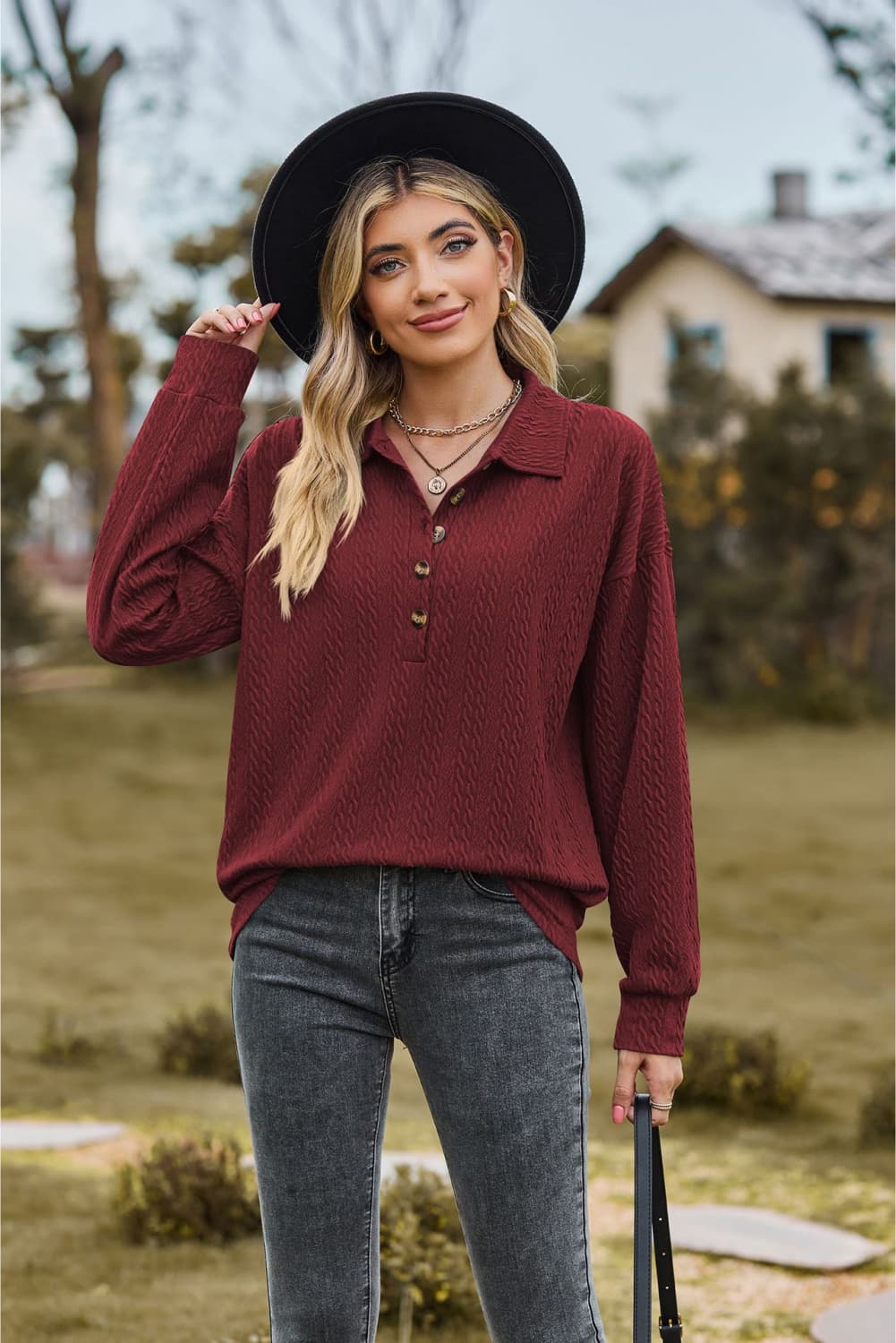 Collared Neck Long Sleeve Blouse BLUE ZONE PLANET