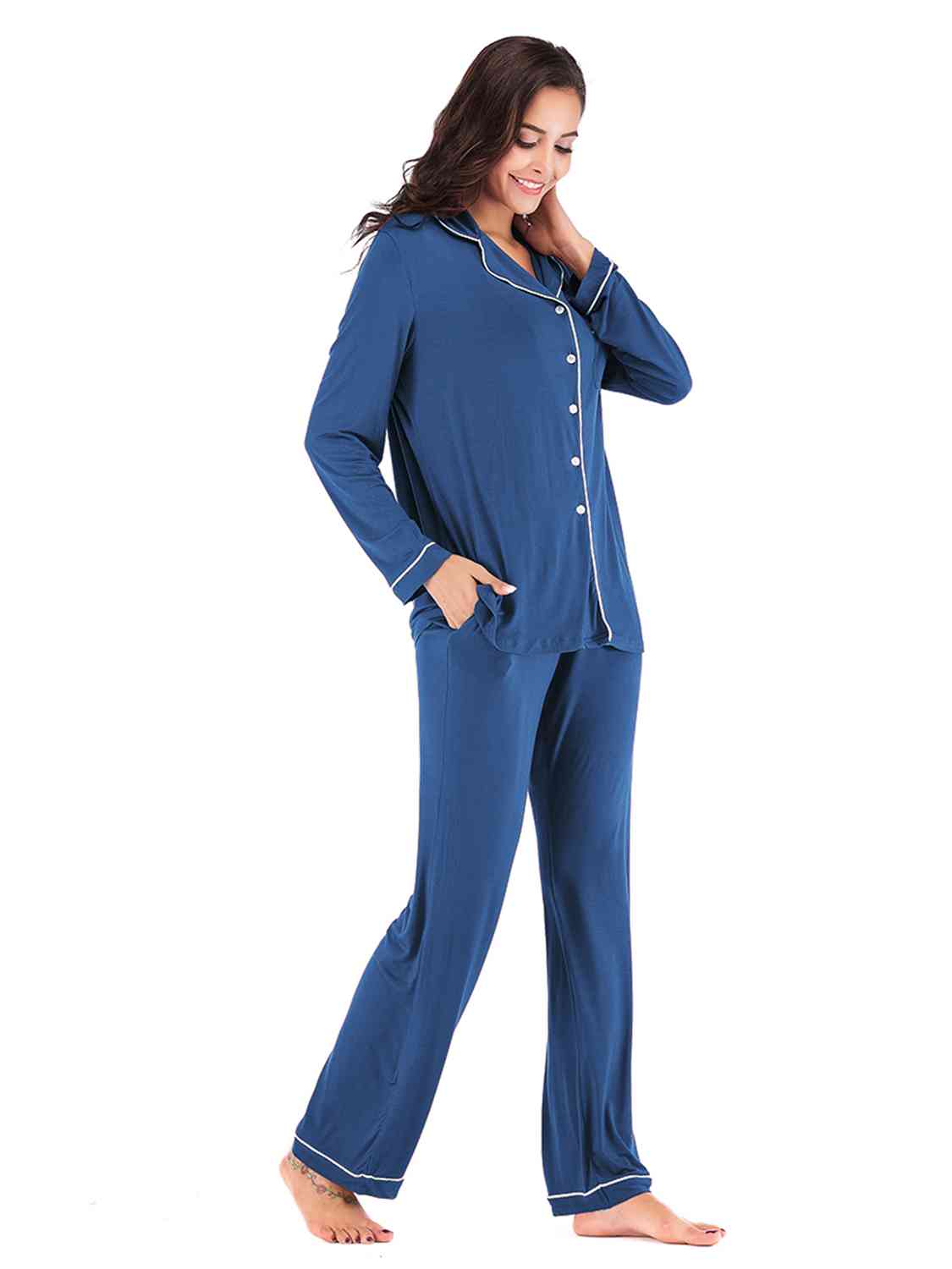 Collared Neck Long Sleeve Loungewear Set with Pockets BLUE ZONE PLANET