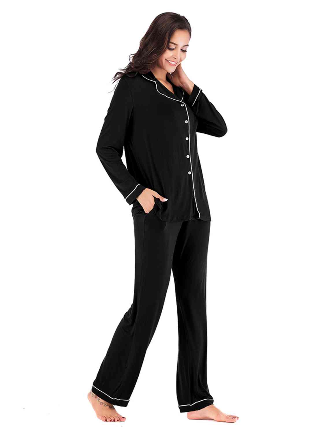 Collared Neck Long Sleeve Loungewear Set with Pockets BLUE ZONE PLANET