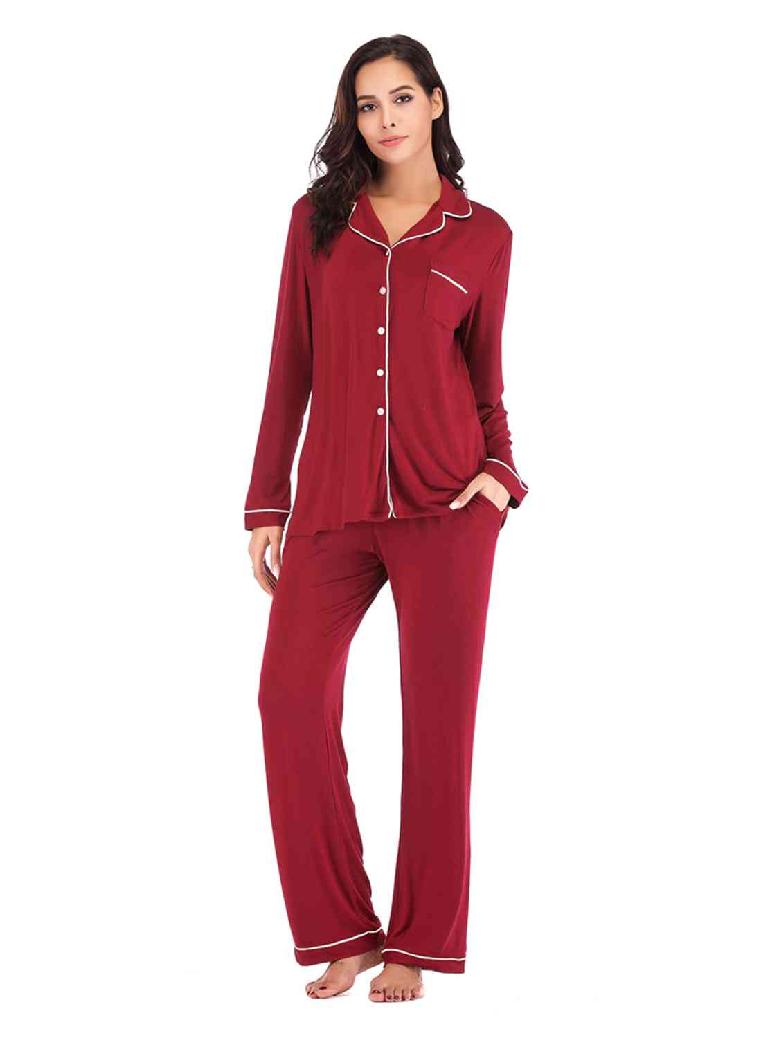 Collared Neck Long Sleeve Loungewear Set with Pockets BLUE ZONE PLANET