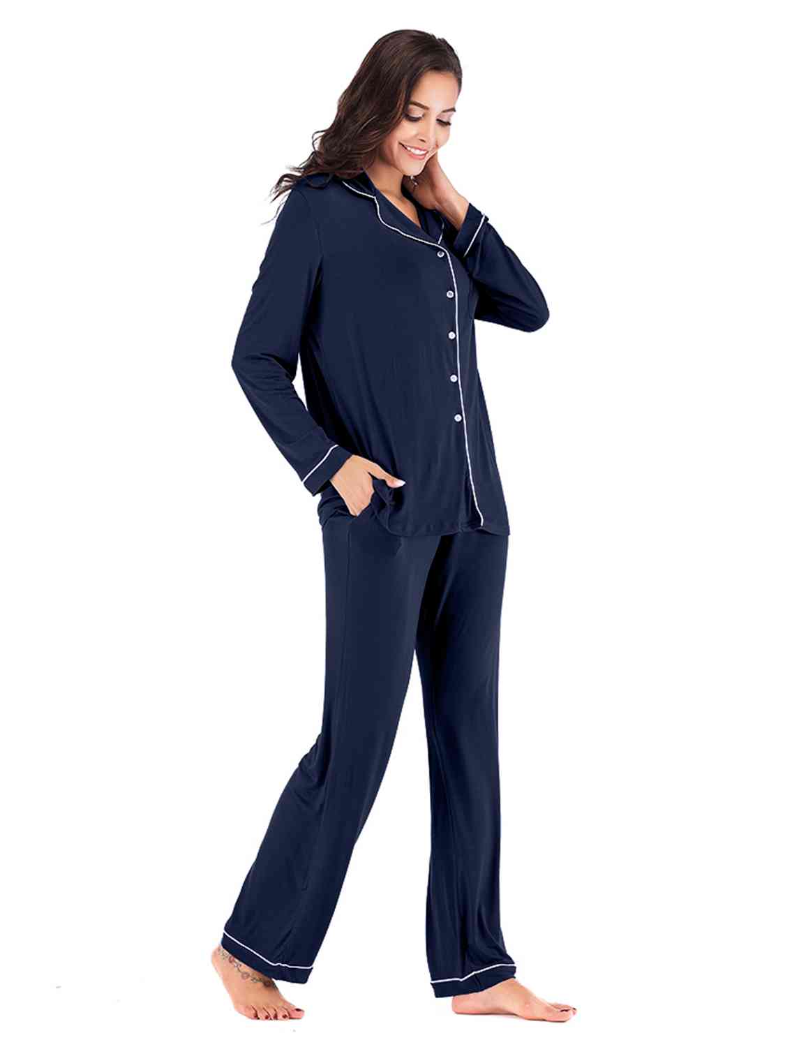 Collared Neck Long Sleeve Loungewear Set with Pockets BLUE ZONE PLANET