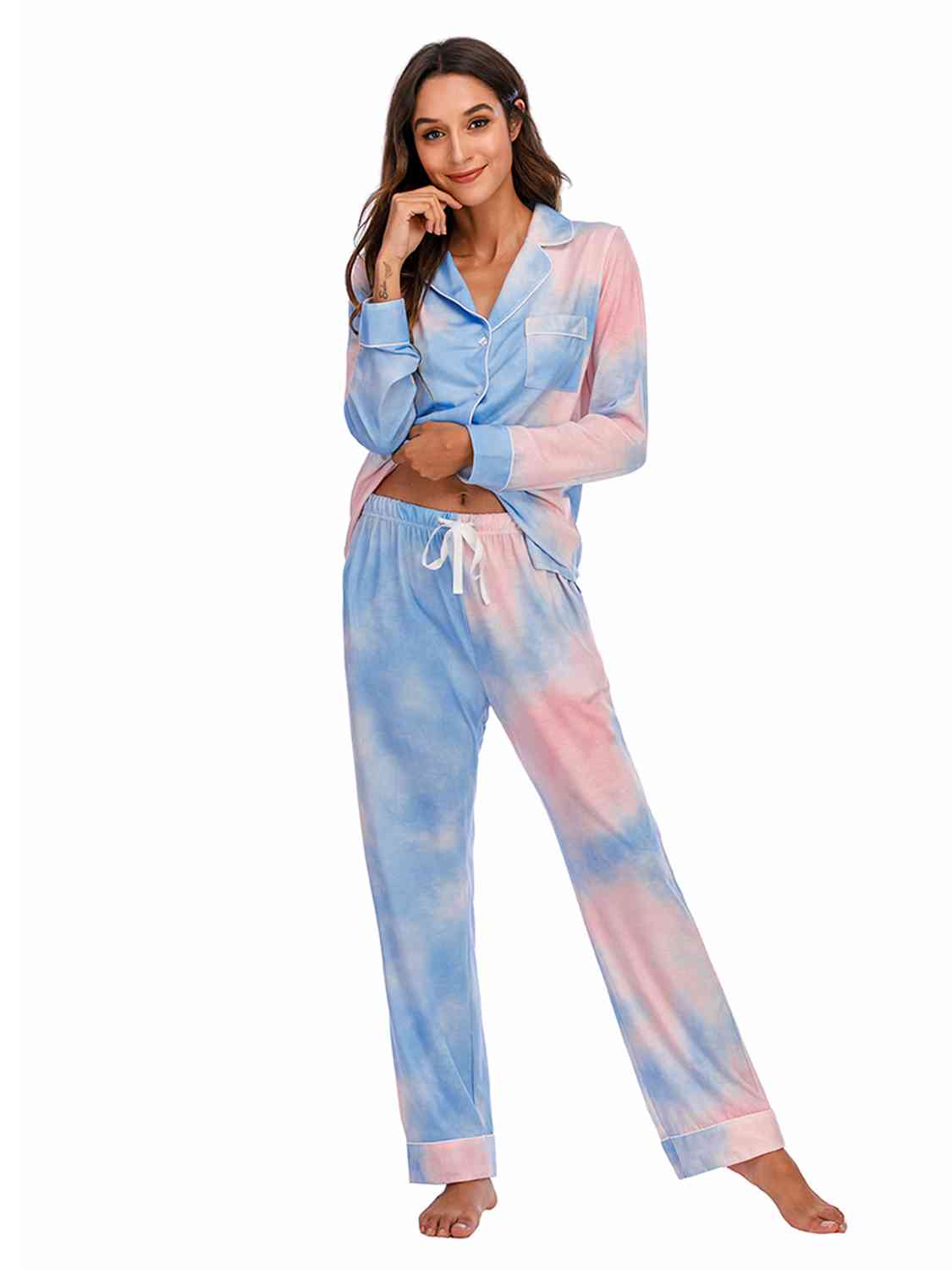 Collared Neck Long Sleeve Loungewear Set with Pockets BLUE ZONE PLANET