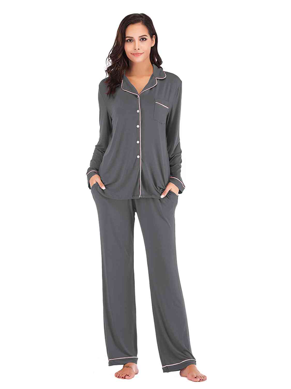 Collared Neck Long Sleeve Loungewear Set with Pockets BLUE ZONE PLANET