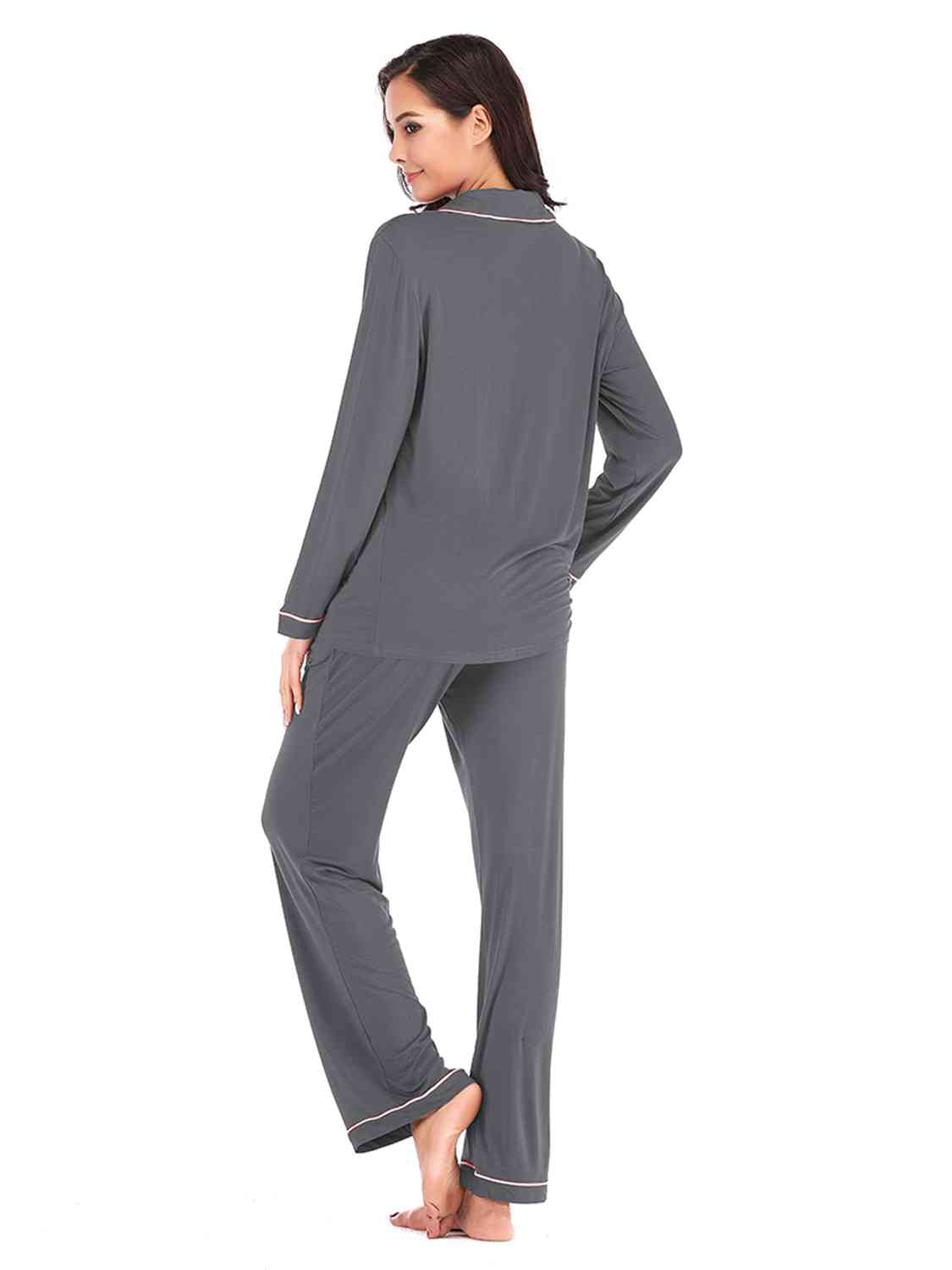 Collared Neck Long Sleeve Loungewear Set with Pockets BLUE ZONE PLANET