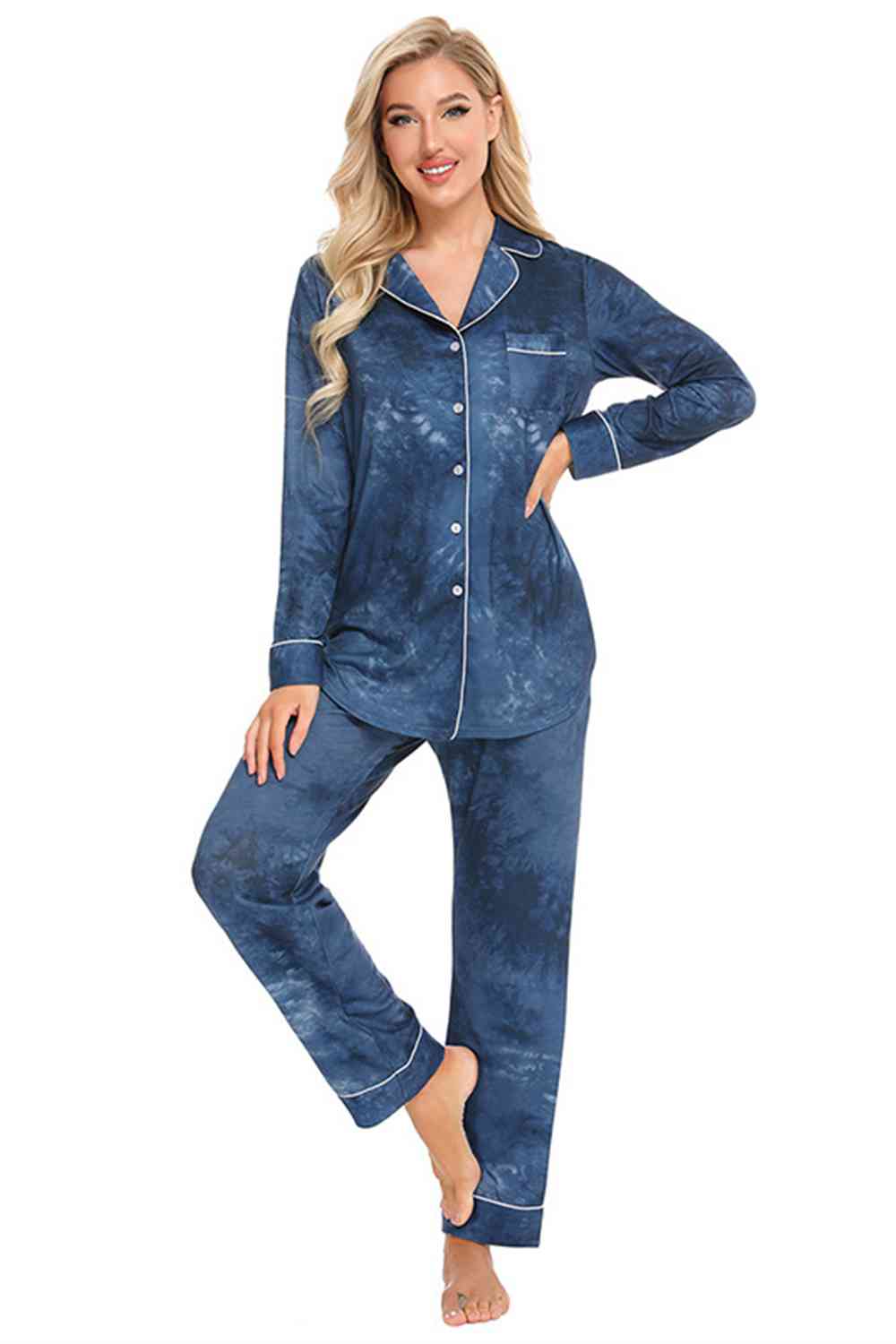 Collared Neck Long Sleeve Loungewear Set with Pockets BLUE ZONE PLANET