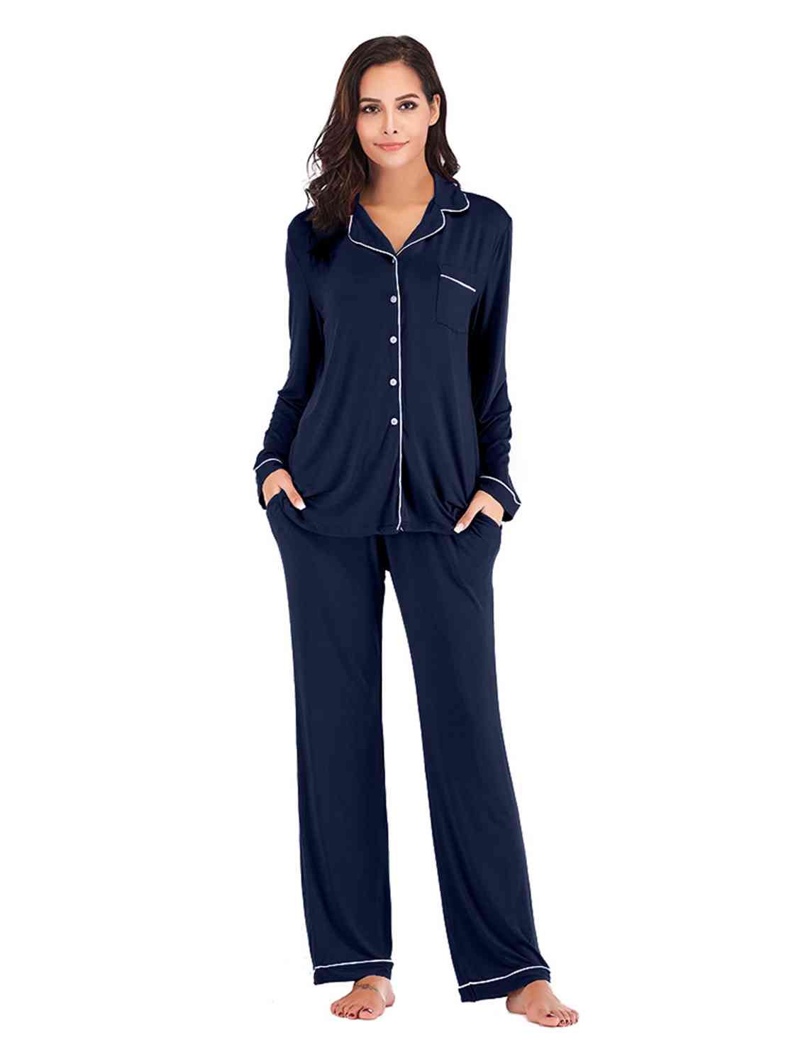 Collared Neck Long Sleeve Loungewear Set with Pockets BLUE ZONE PLANET