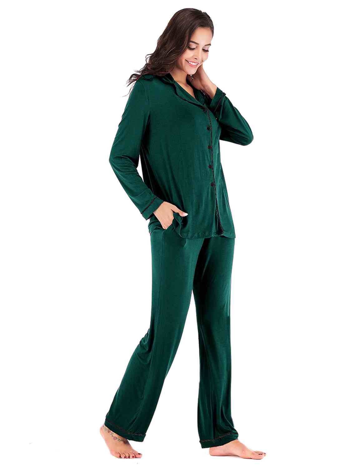 Collared Neck Long Sleeve Loungewear Set with Pockets BLUE ZONE PLANET