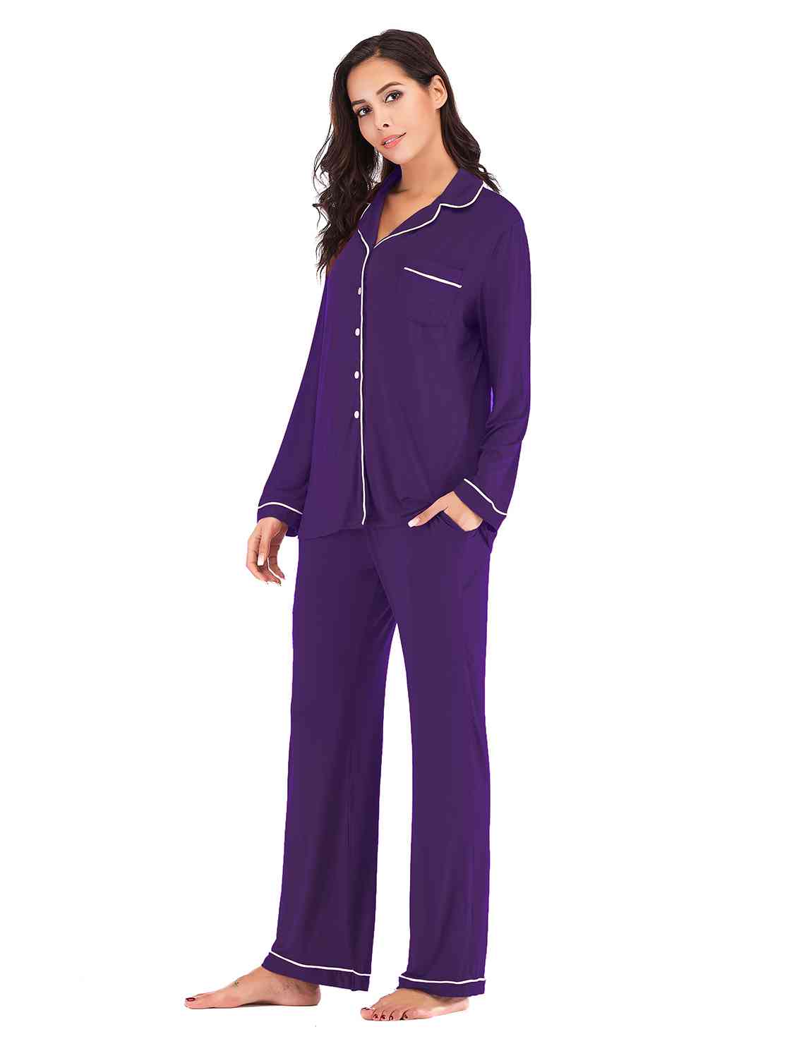 Collared Neck Long Sleeve Loungewear Set with Pockets BLUE ZONE PLANET