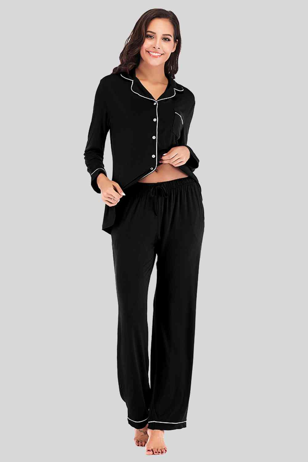 Collared Neck Long Sleeve Loungewear Set with Pockets BLUE ZONE PLANET