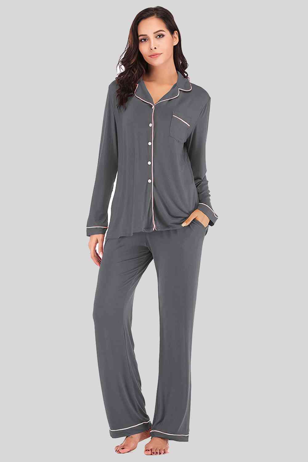 Collared Neck Long Sleeve Loungewear Set with Pockets BLUE ZONE PLANET