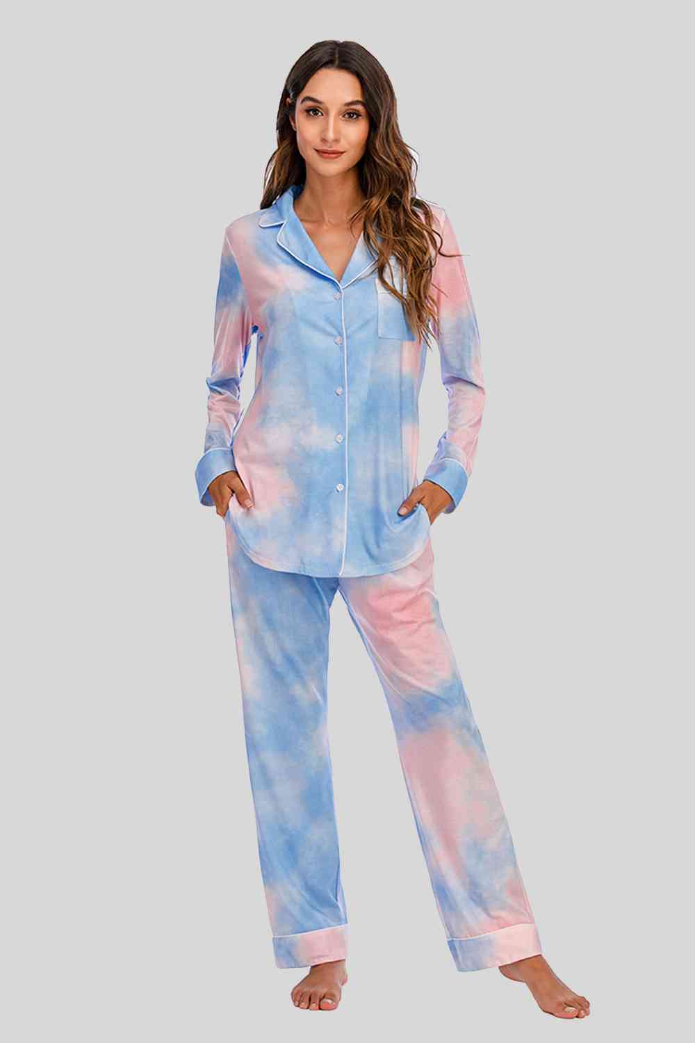 Collared Neck Long Sleeve Loungewear Set with Pockets BLUE ZONE PLANET