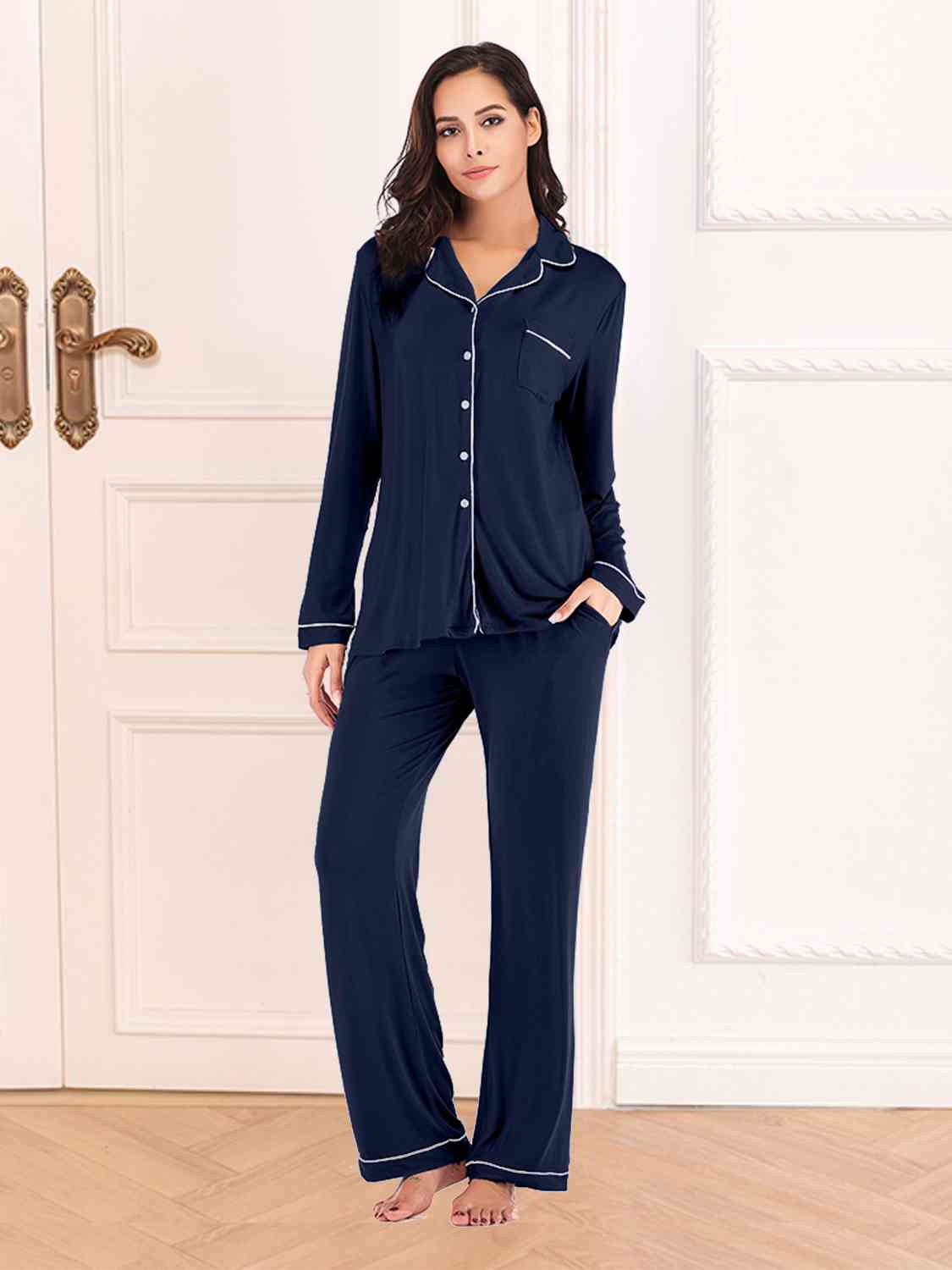 Collared Neck Long Sleeve Loungewear Set with Pockets BLUE ZONE PLANET