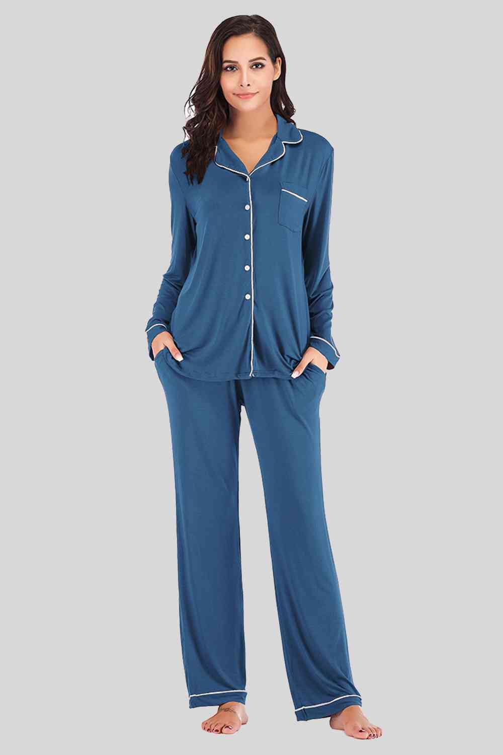 Collared Neck Long Sleeve Loungewear Set with Pockets BLUE ZONE PLANET