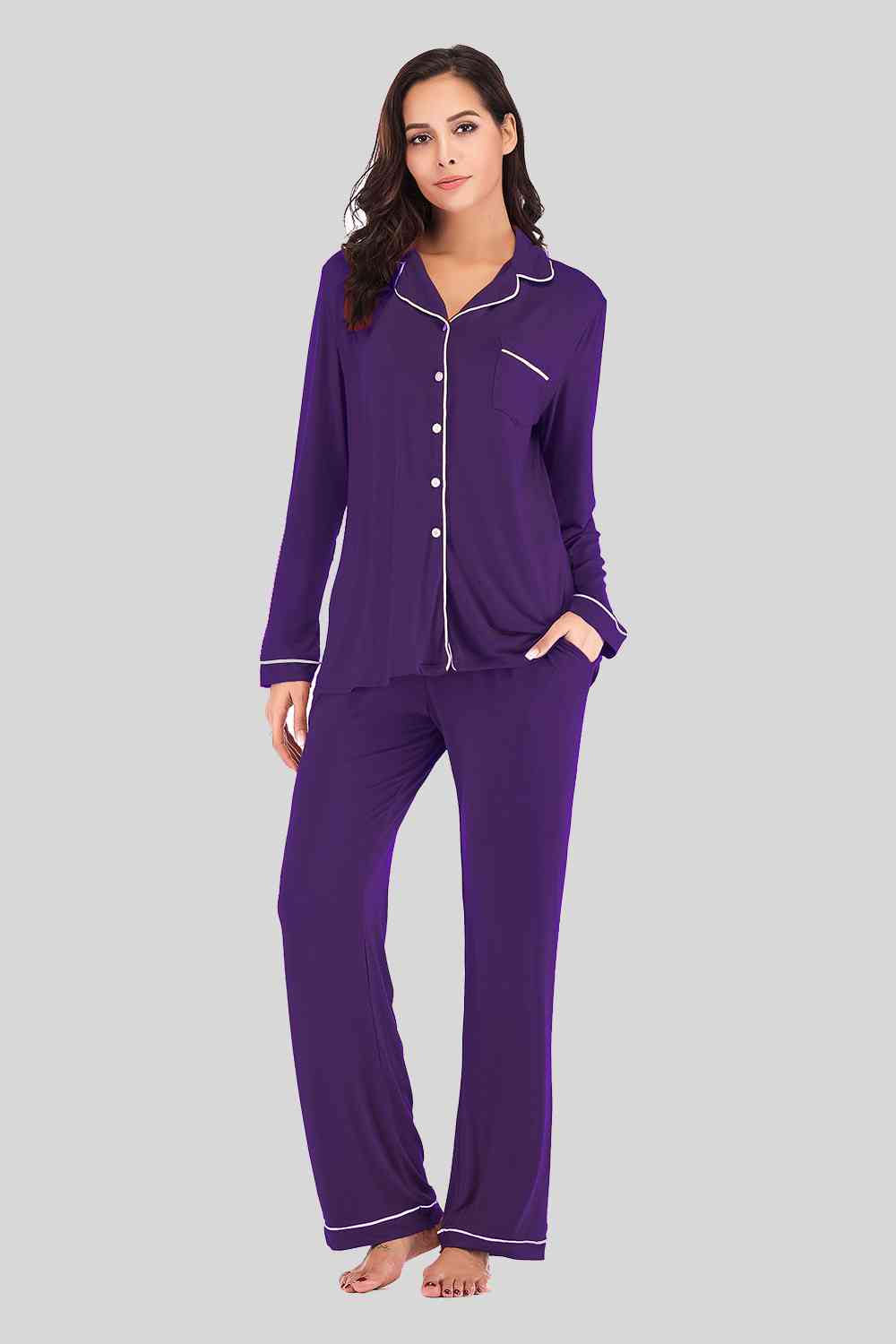 Collared Neck Long Sleeve Loungewear Set with Pockets BLUE ZONE PLANET