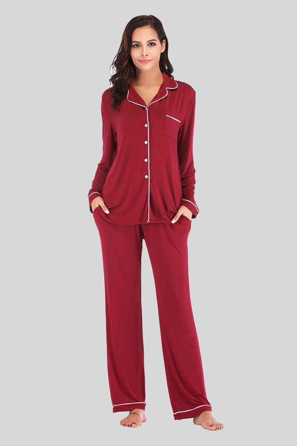 Collared Neck Long Sleeve Loungewear Set with Pockets BLUE ZONE PLANET