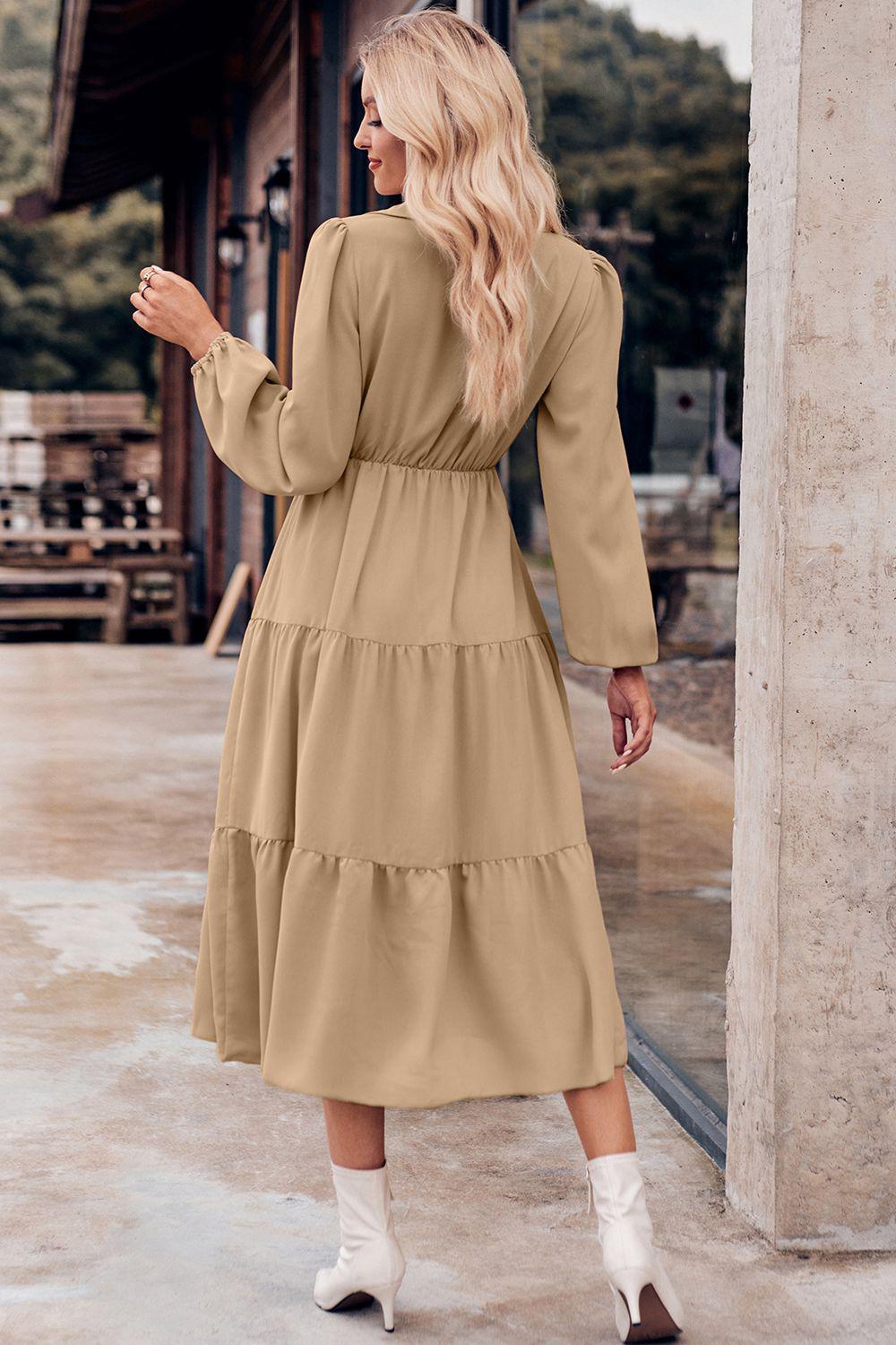 Collared Neck Long Sleeve Midi Dress BLUE ZONE PLANET