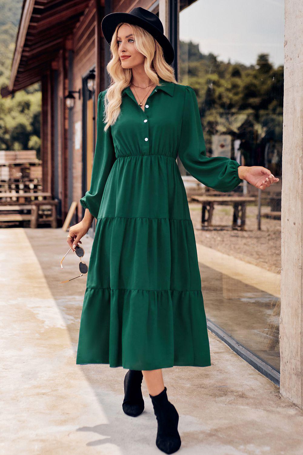 Collared Neck Long Sleeve Midi Dress BLUE ZONE PLANET