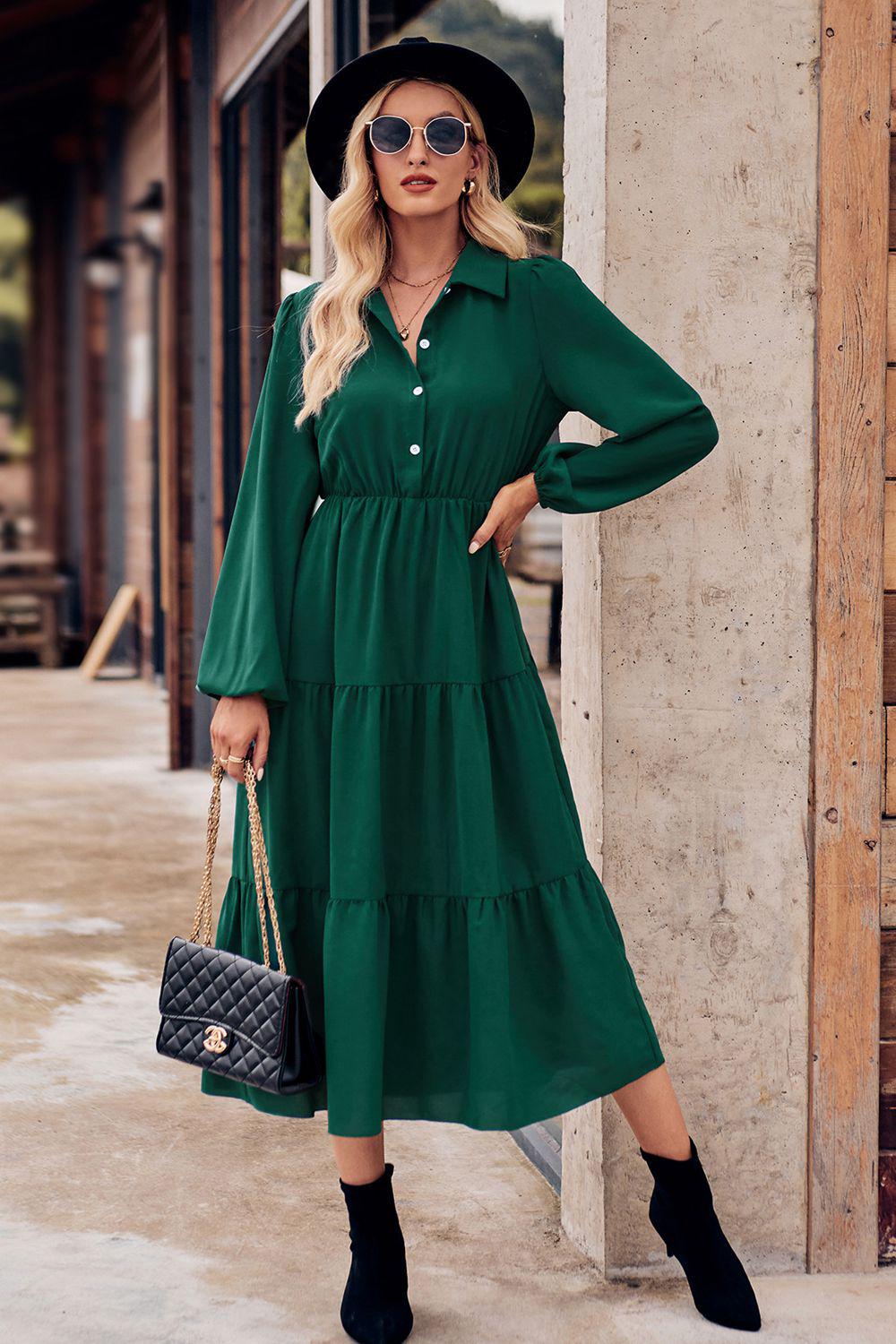 Collared Neck Long Sleeve Midi Dress BLUE ZONE PLANET