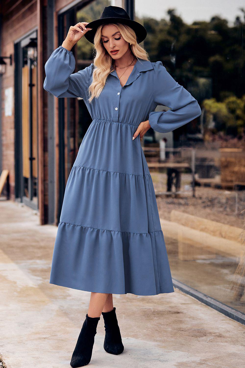 Collared Neck Long Sleeve Midi Dress BLUE ZONE PLANET