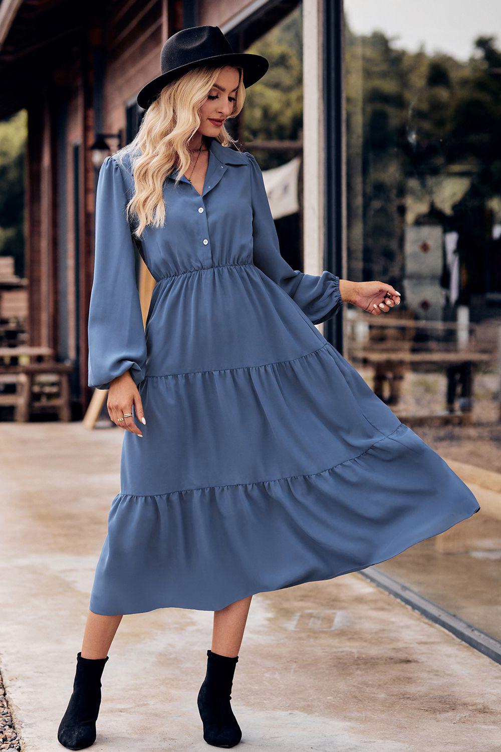 Collared Neck Long Sleeve Midi Dress BLUE ZONE PLANET