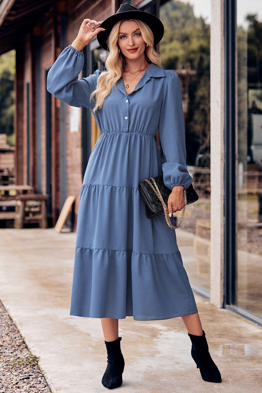 Collared Neck Long Sleeve Midi Dress BLUE ZONE PLANET