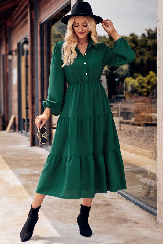 Collared Neck Long Sleeve Midi Dress BLUE ZONE PLANET