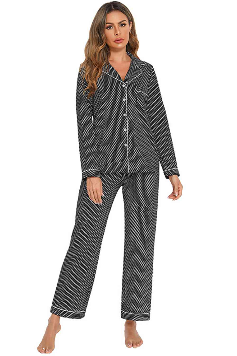 Collared Neck Loungewear Set with Pocket BLUE ZONE PLANET