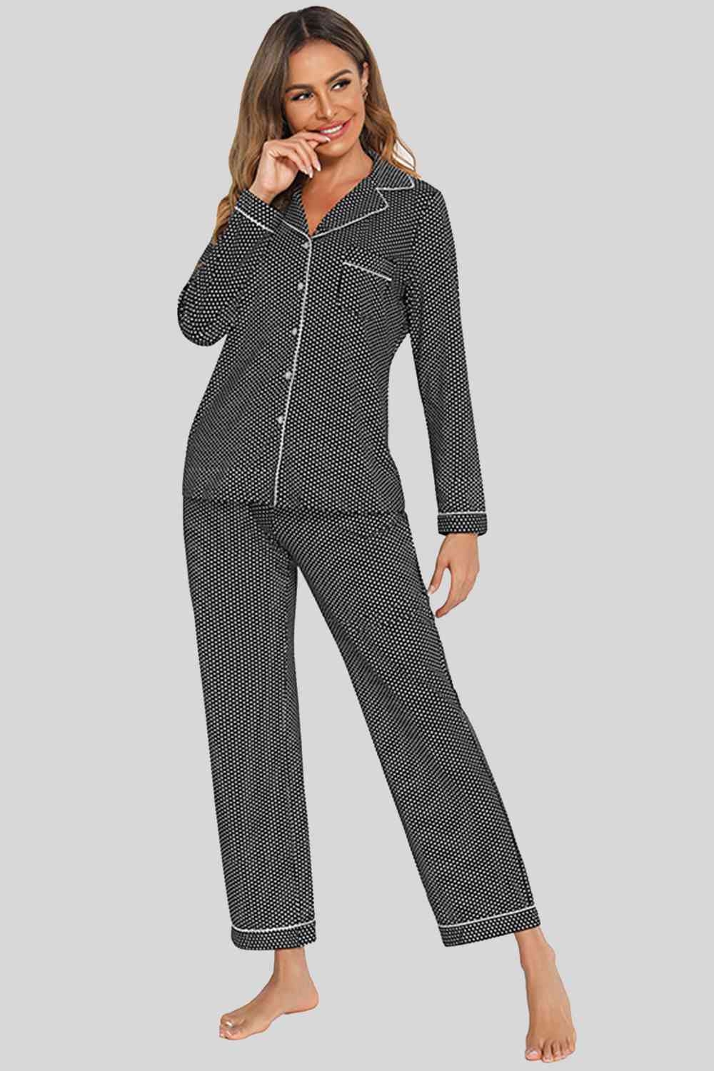 Collared Neck Loungewear Set with Pocket BLUE ZONE PLANET