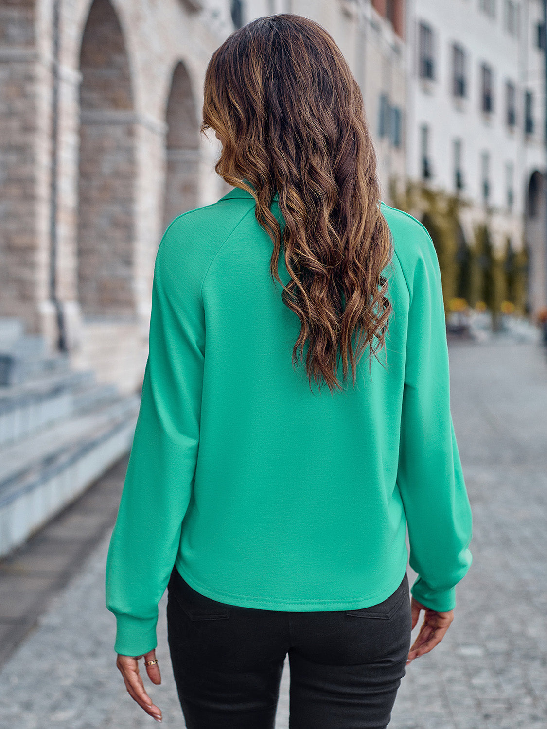 Collared Neck Raglan Sleeve Buttoned Blouse BLUE ZONE PLANET