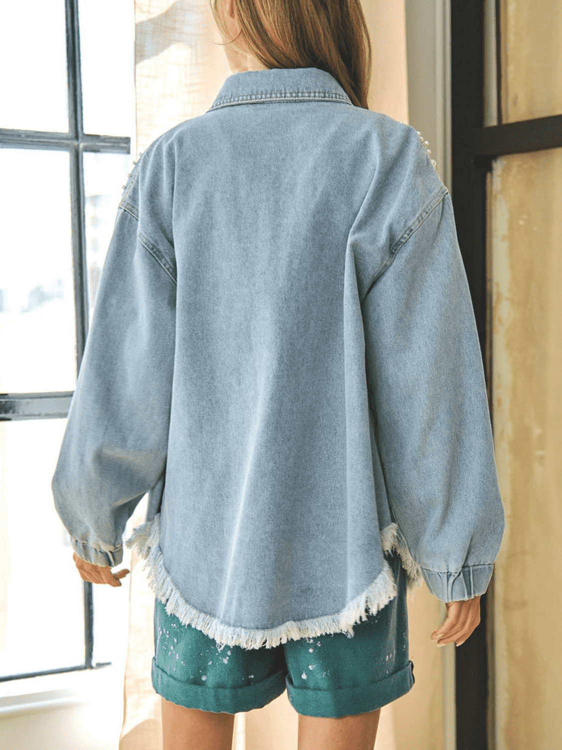 Collared Neck Raw Hem Dropped Shoulder Denim Jacket BLUE ZONE PLANET