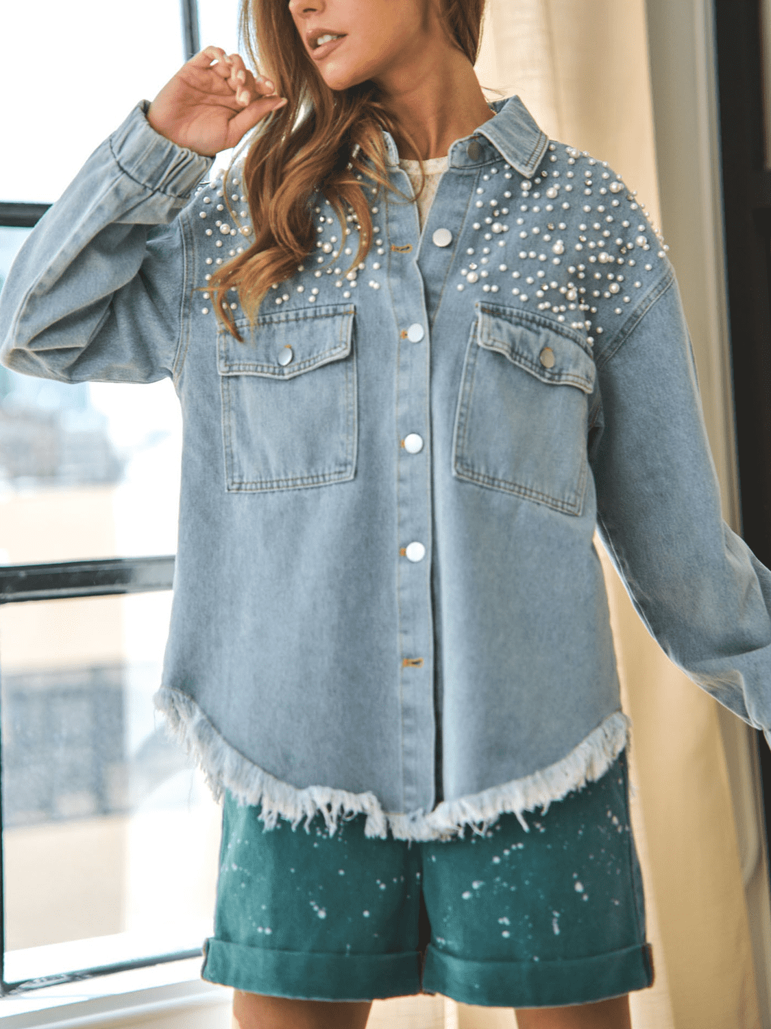 Collared Neck Raw Hem Dropped Shoulder Denim Jacket BLUE ZONE PLANET