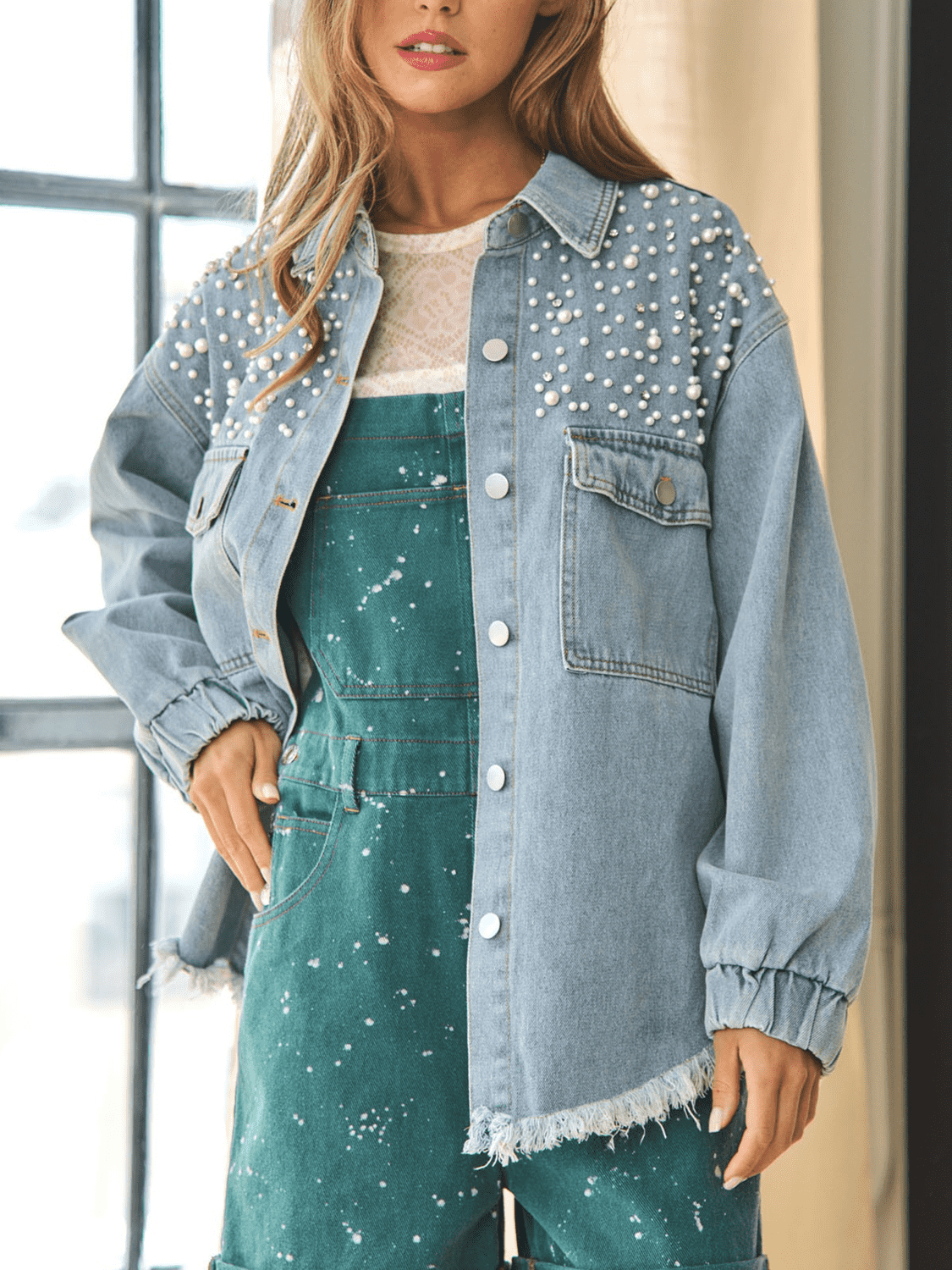 Collared Neck Raw Hem Dropped Shoulder Denim Jacket BLUE ZONE PLANET