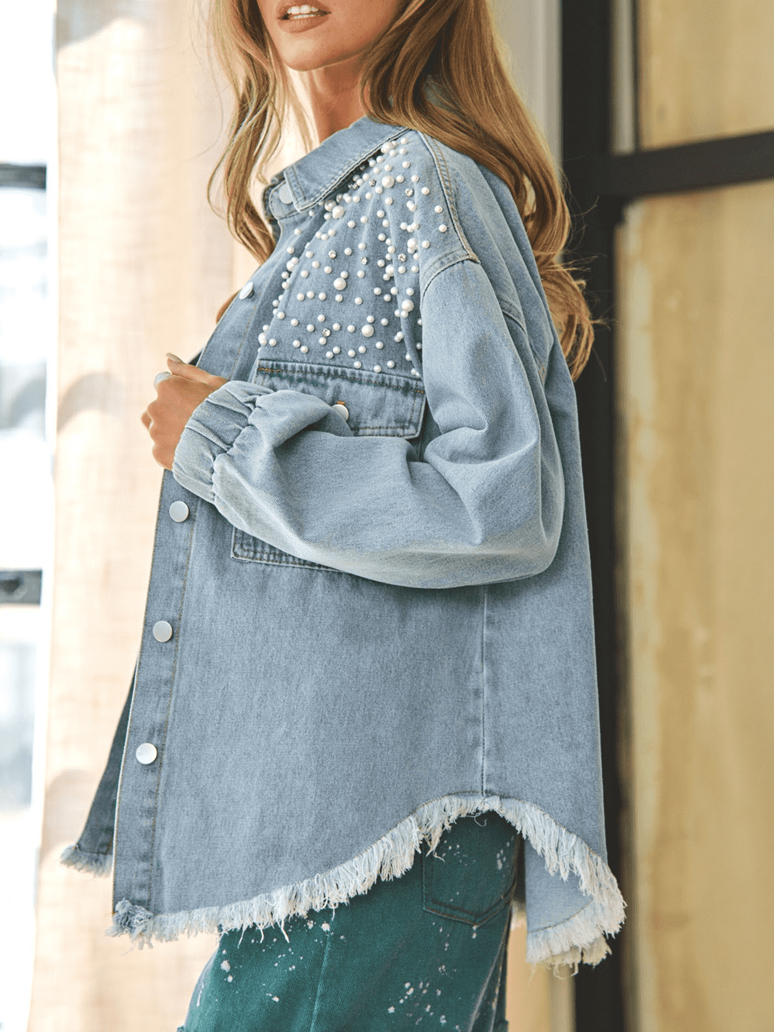 Collared Neck Raw Hem Dropped Shoulder Denim Jacket BLUE ZONE PLANET