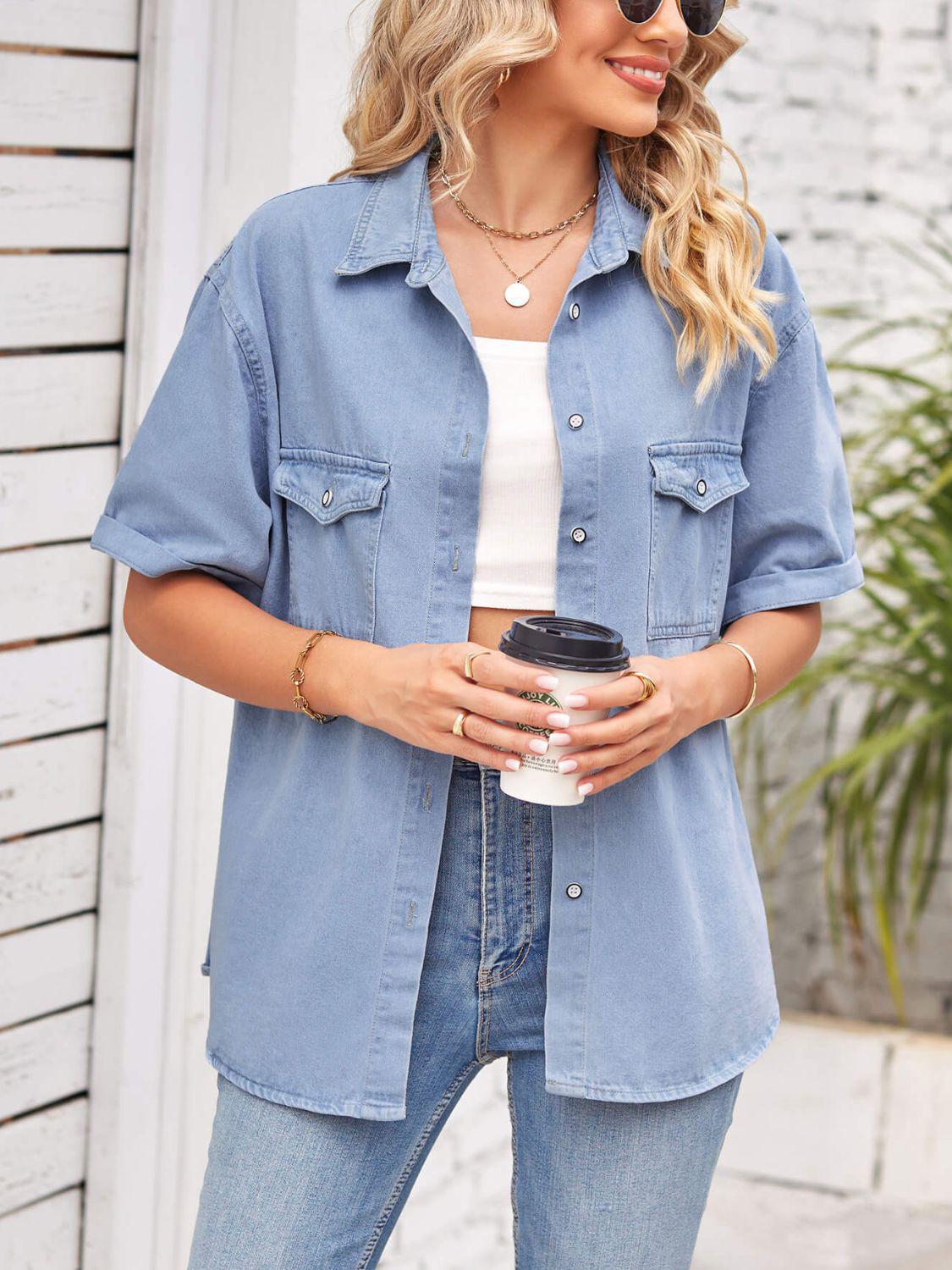 Collared Neck Short Sleeve Denim Jacket BLUE ZONE PLANET