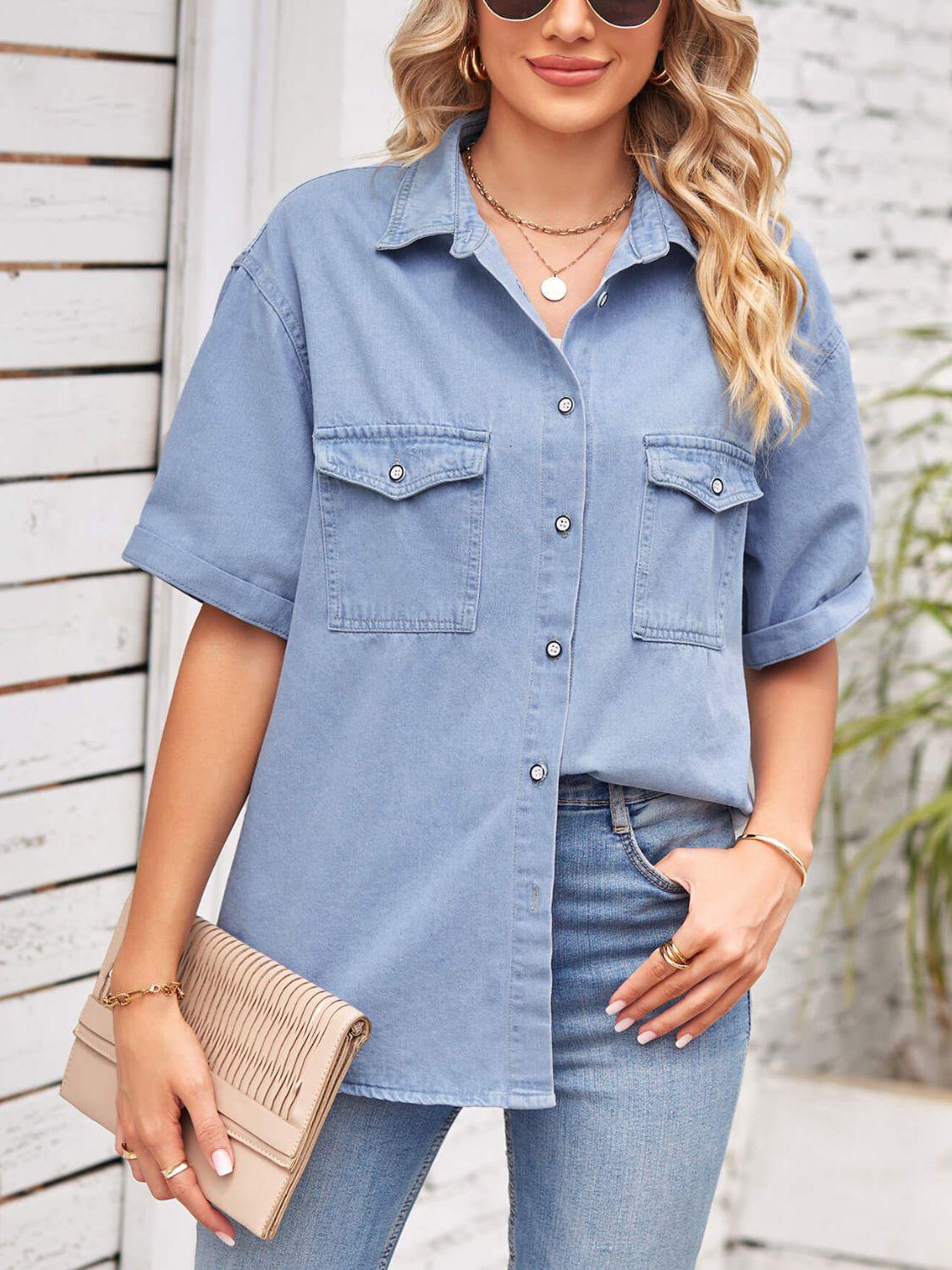 Collared Neck Short Sleeve Denim Jacket BLUE ZONE PLANET