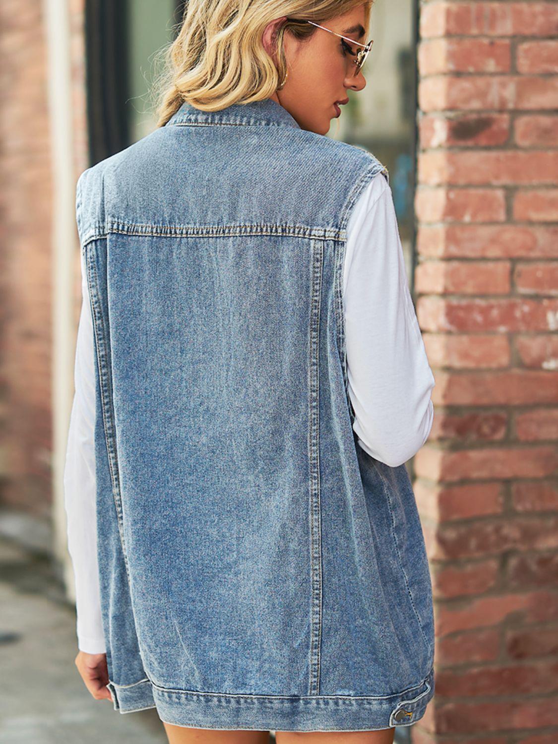 Collared Neck Sleeveless Denim Top with Pockets BLUE ZONE PLANET