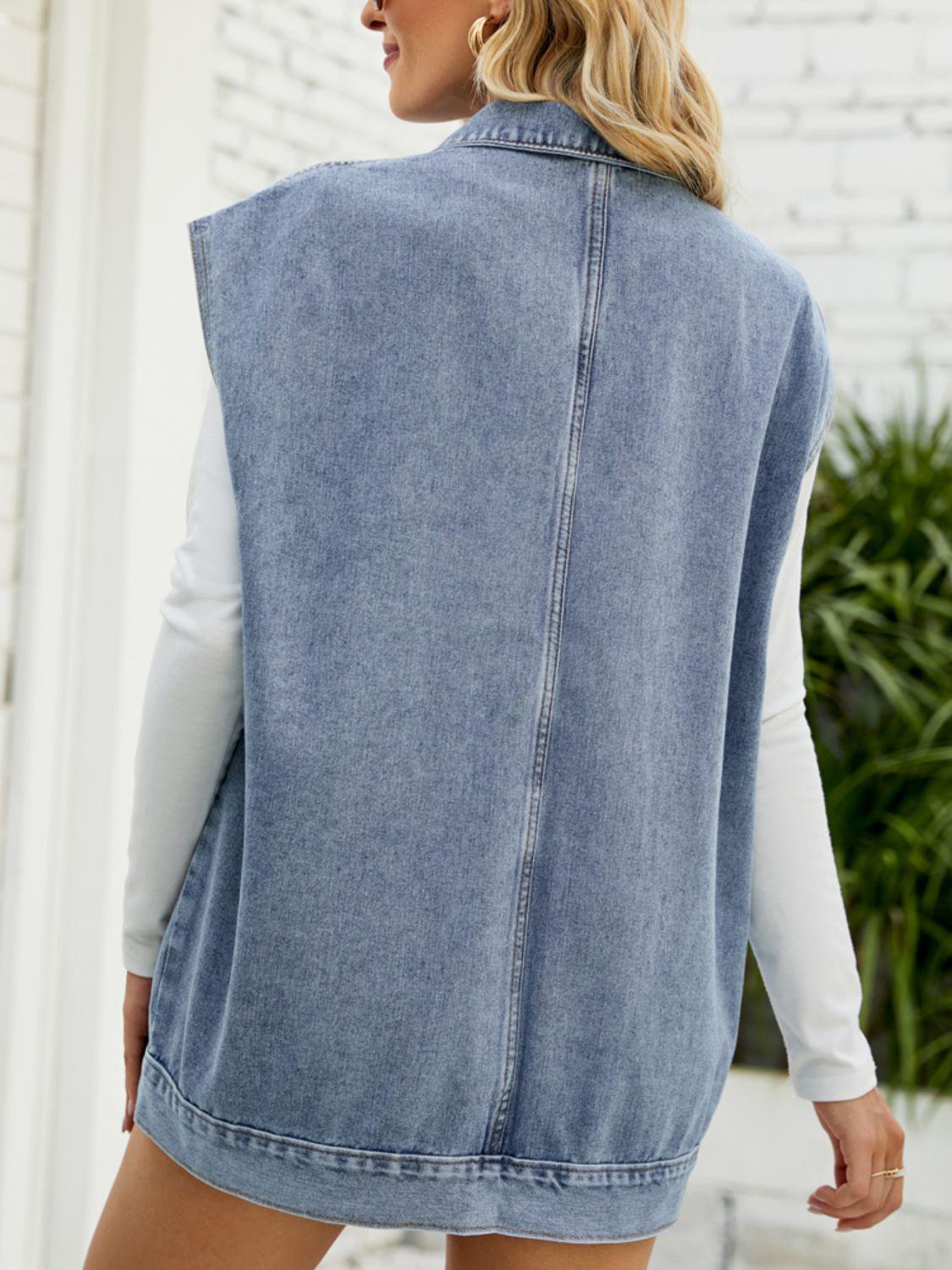 Collared Neck Sleeveless Denim Top with Pockets BLUE ZONE PLANET