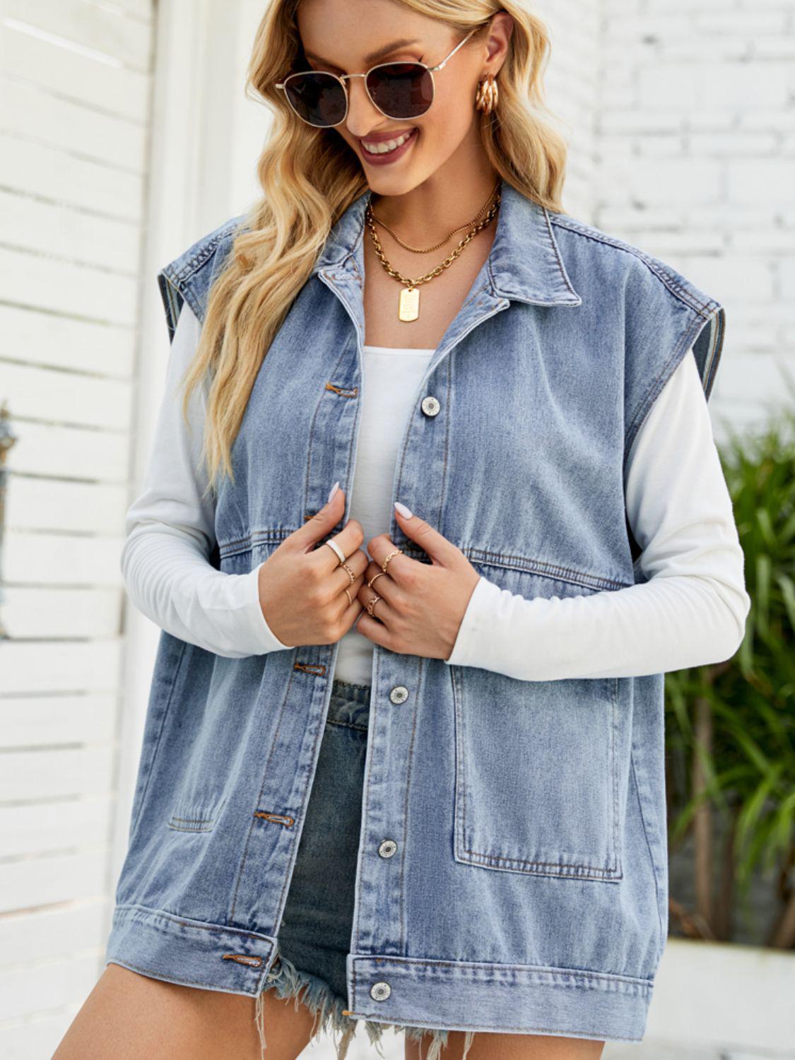 Collared Neck Sleeveless Denim Top with Pockets BLUE ZONE PLANET