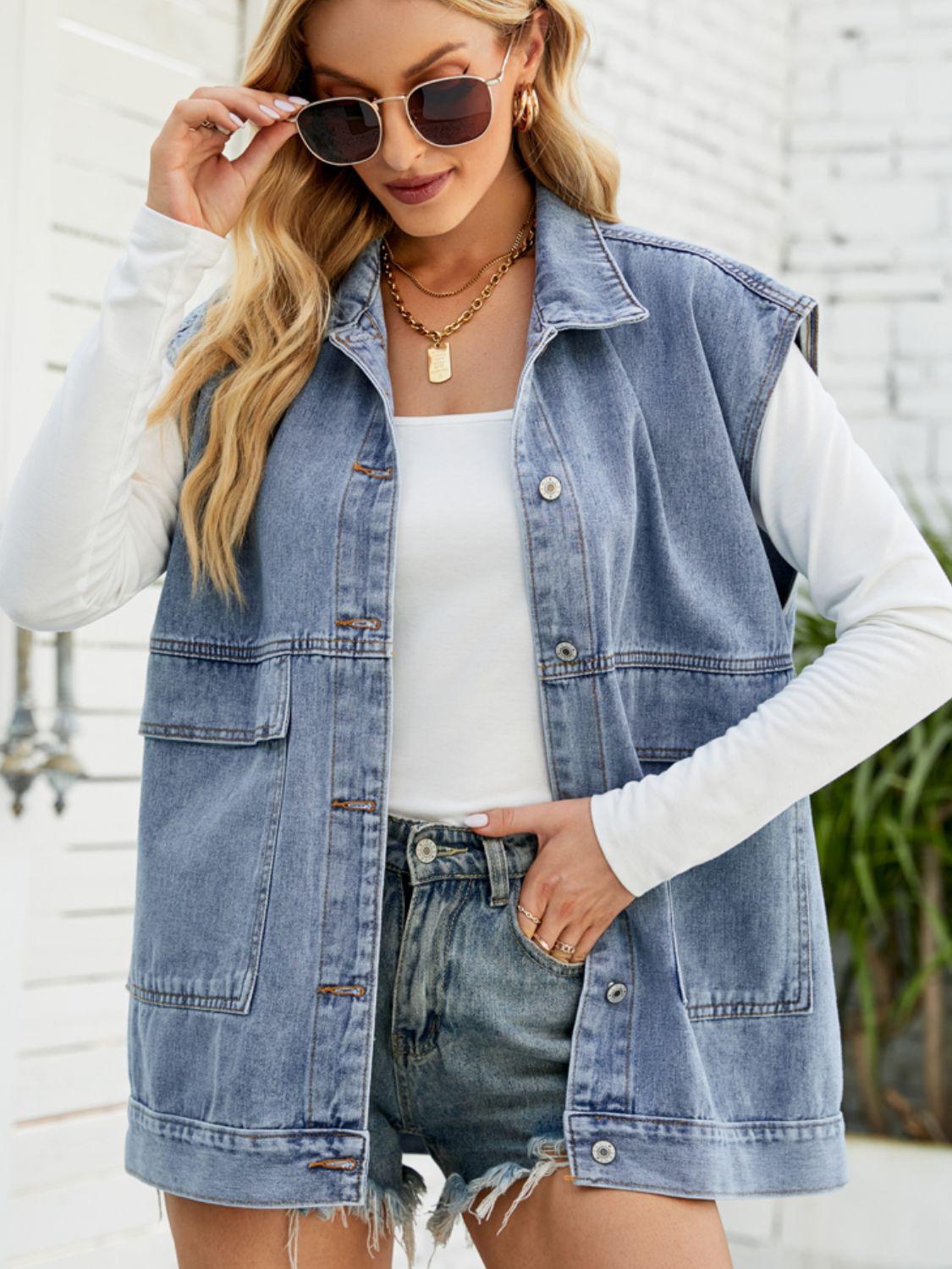 Collared Neck Sleeveless Denim Top with Pockets BLUE ZONE PLANET