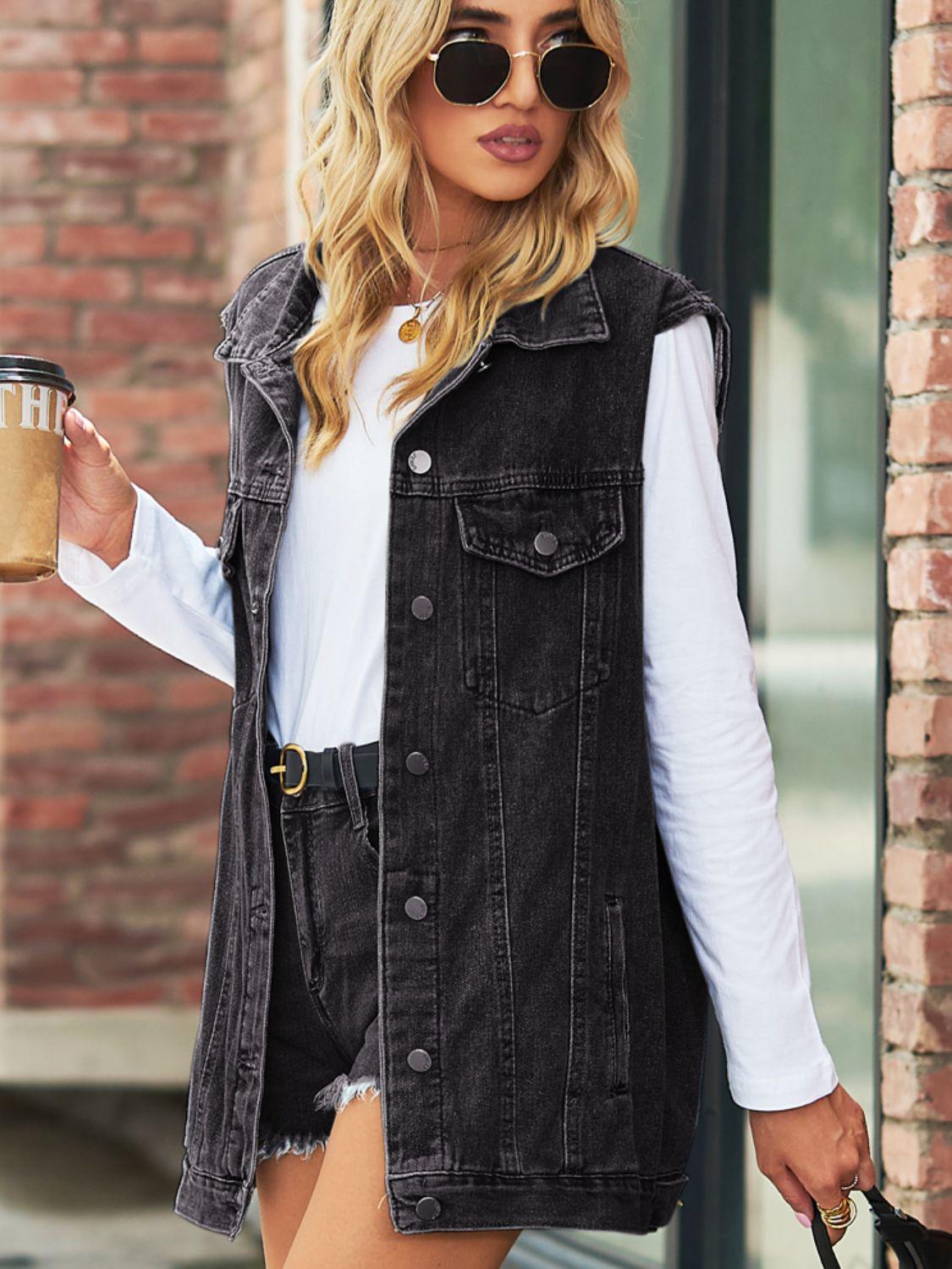 Collared Neck Sleeveless Denim Top with Pockets BLUE ZONE PLANET