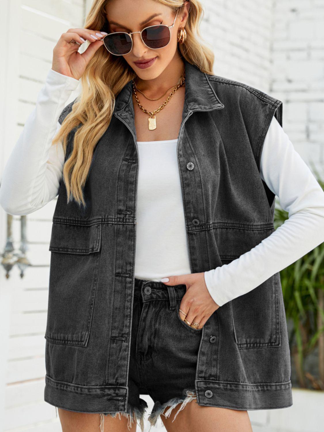 Collared Neck Sleeveless Denim Top with Pockets BLUE ZONE PLANET