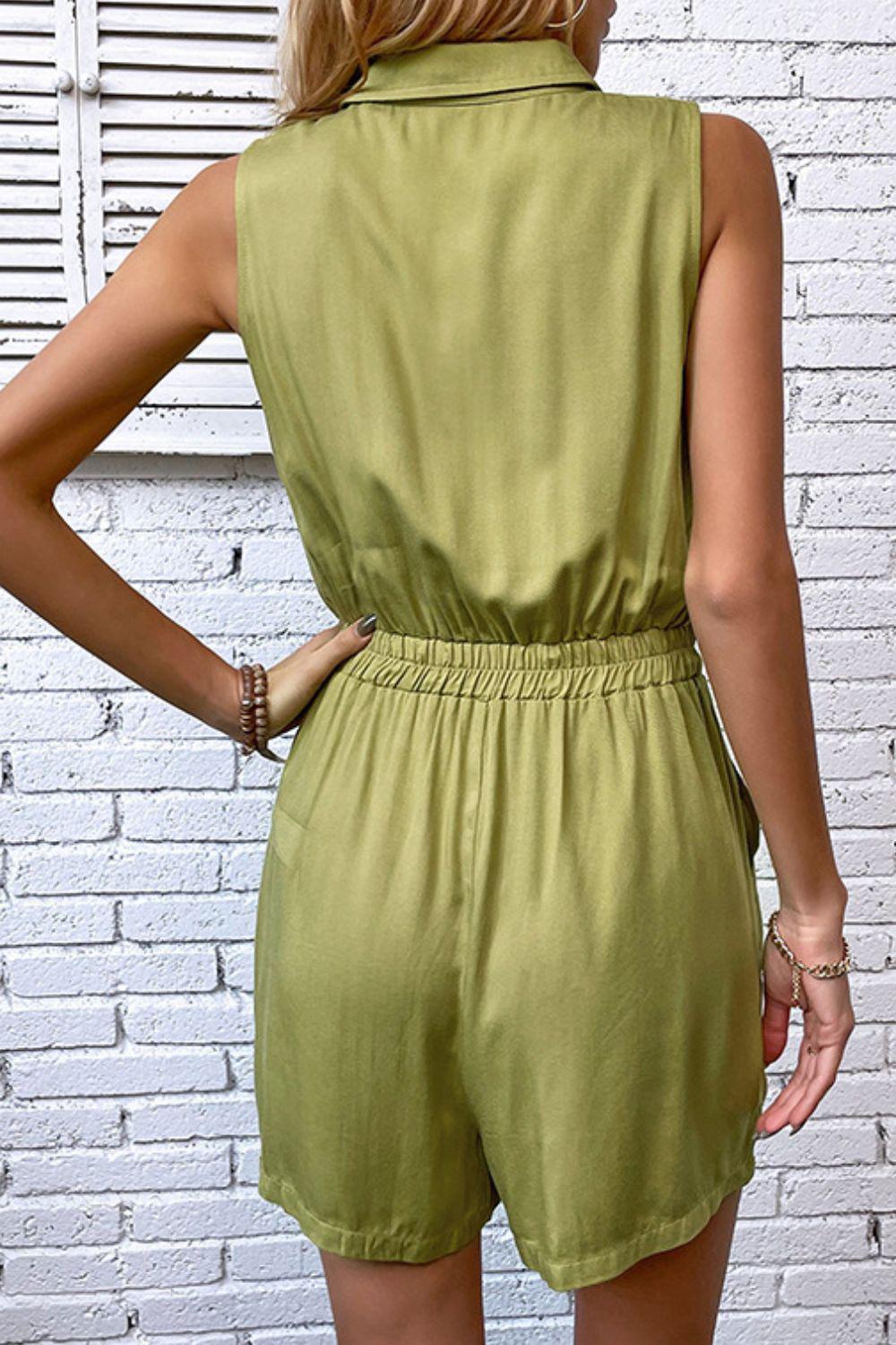 Collared Neck Sleeveless Romper with Pockets BLUE ZONE PLANET