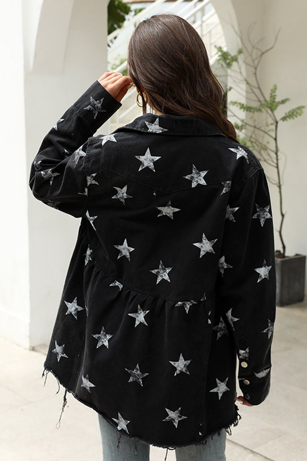 Collared Neck Star Print Long Sleeve Denim Jacket BLUE ZONE PLANET