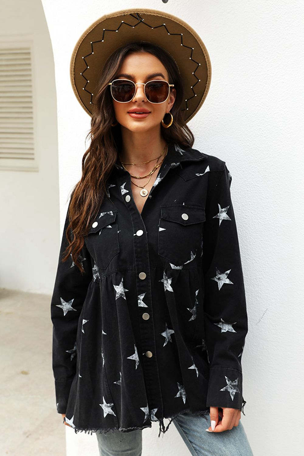 Collared Neck Star Print Long Sleeve Denim Jacket BLUE ZONE PLANET